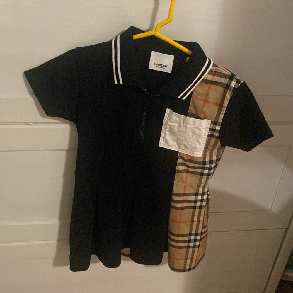 Burberry Black Polo Dress with Beige Check Panel and White Pocket
